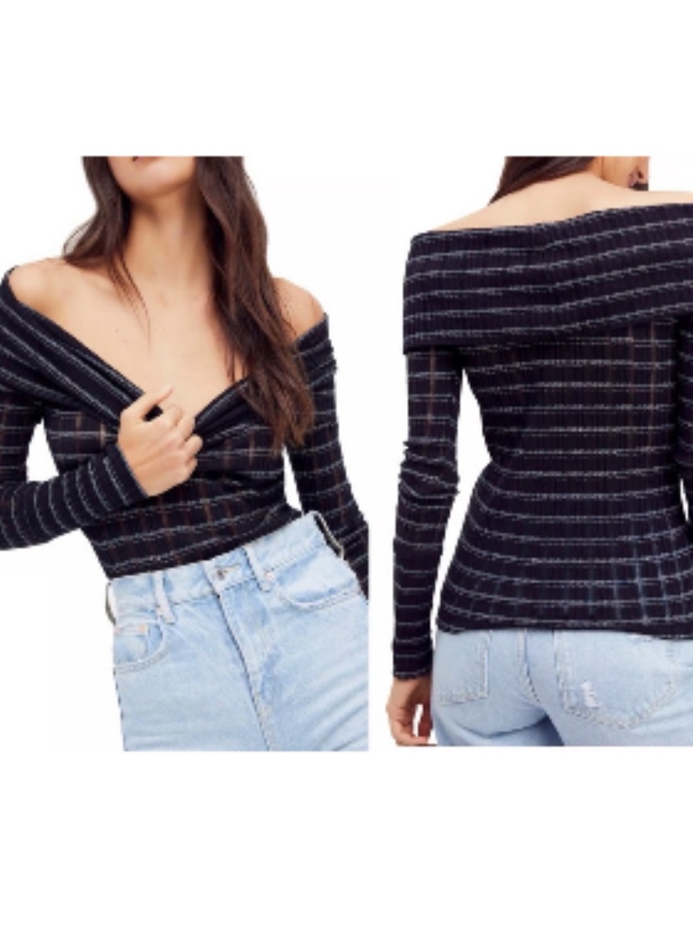 Free people snow bunny Black Ribbed Off-Shoulder with metallic thread xs